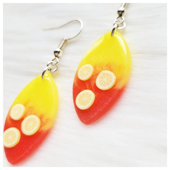 Strawberry Lemonade Earrings Yellow and Pinkish Red Lemon Dangle Earrings - Picture 5 of 10